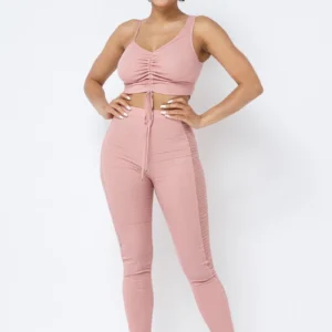 Haut court froncé réglable à bretelles en maille avec leggings transparents assortis à panneau latéral