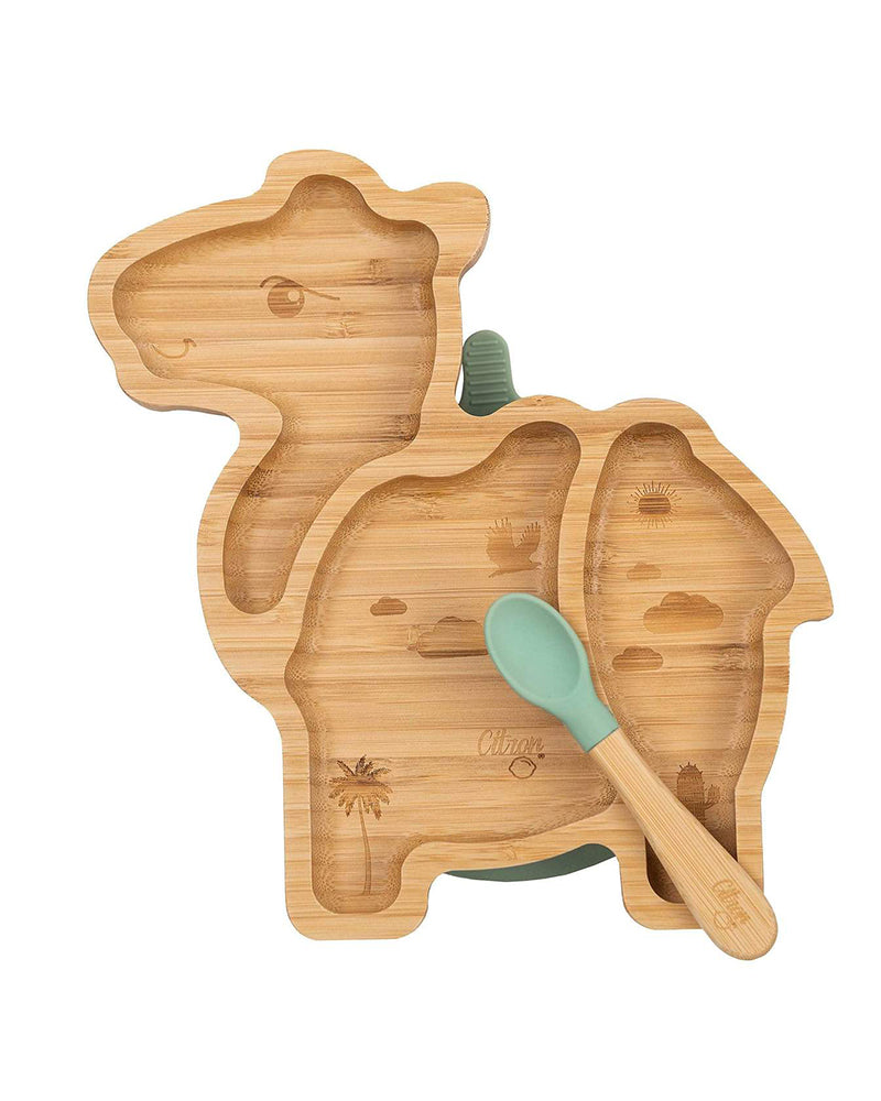 Diaytar Côte d'Ivoire assiette en bambou chameau avec ventouse et cuillère - vert pastel a-table,assiettes,citron,fille,garcon,puericulture,Repas