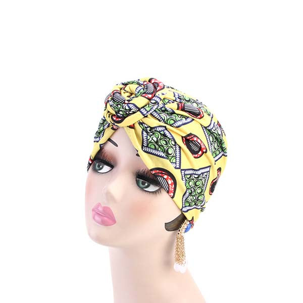 Diaytar Côte d'Ivoire Bonnet Femme Style Turban avec Noeud à Motif Wax Jaune BONNET & DURAG