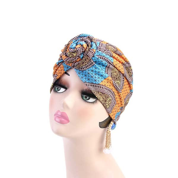 Diaytar Côte d'Ivoire Bonnet Femme Style Turban  avec Noeud à Motif Wax Orange BONNET & DURAG