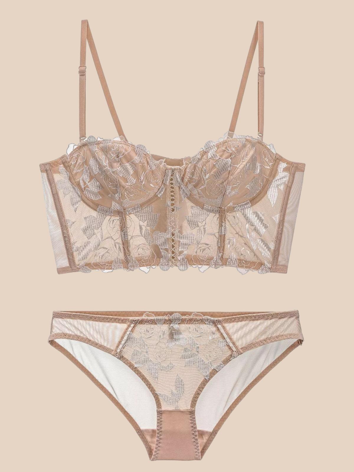 Ensemble de soutien-gorge long en dentelle française brodée de roses sexy, sous-vêtements
