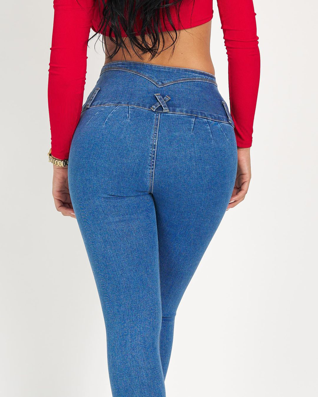 Jean skinny découpé à détails de chaîne bleu moyen