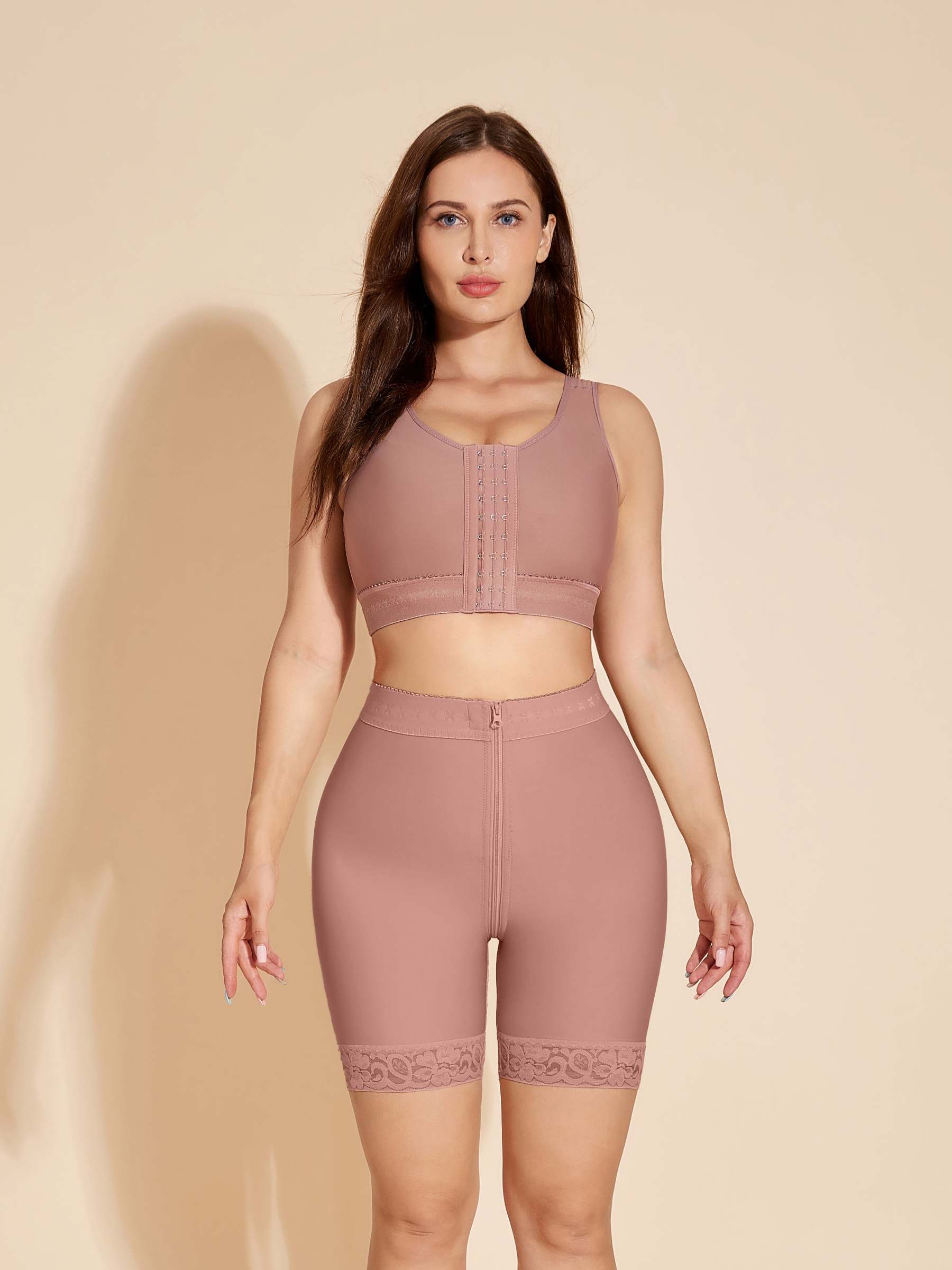 Short gainant taille haute pour abdominoplastie Fajas Colombianas avec fermeture éclair - Rosy Brown