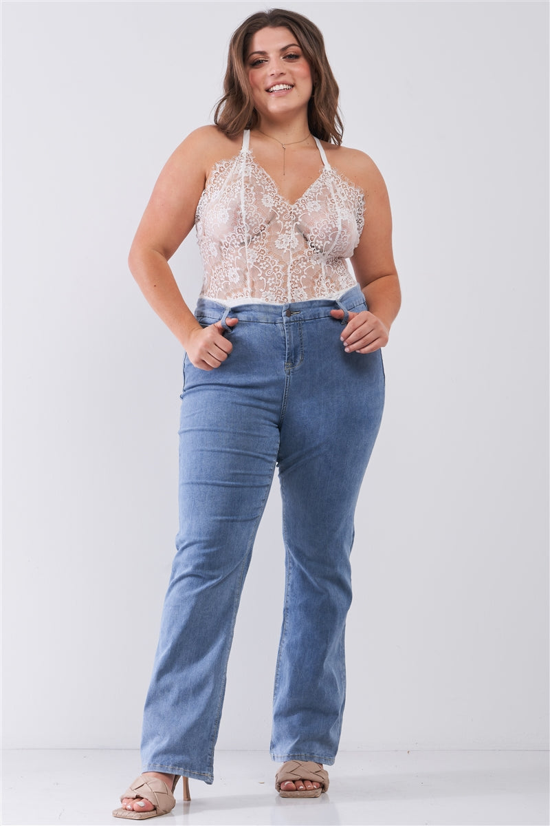 Body sans manches en dentelle transparente de grande taille, col en V, bretelles croisées dans le dos