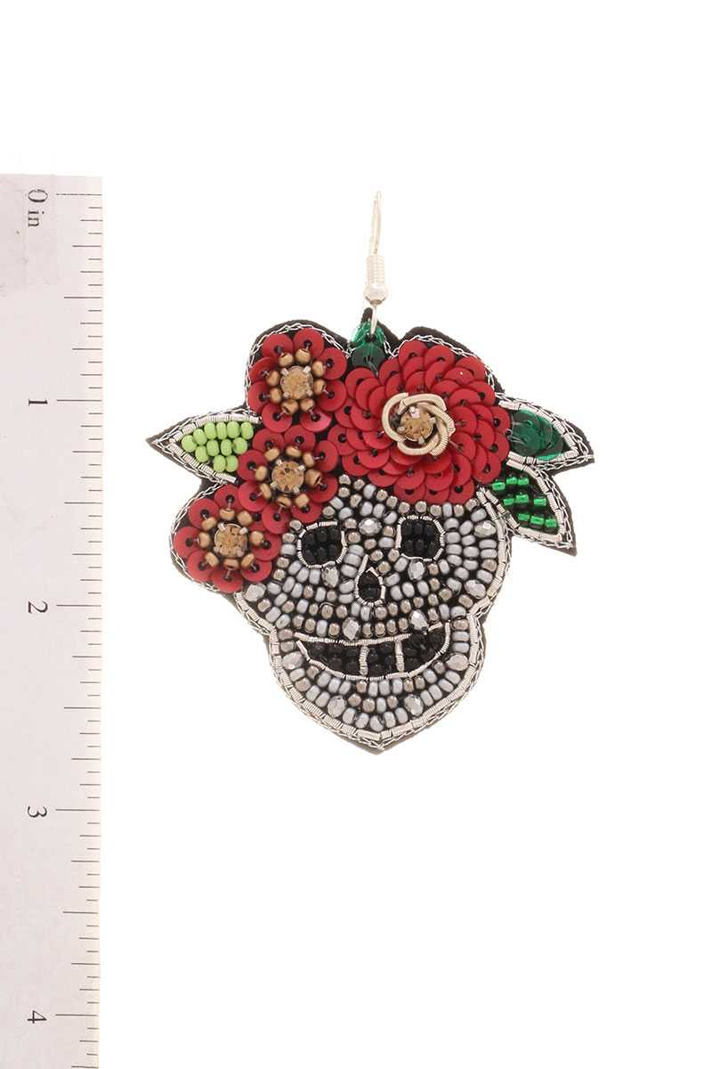 Boucle d'oreille à crochet de fleur de crâne perlé de graines du jour des morts