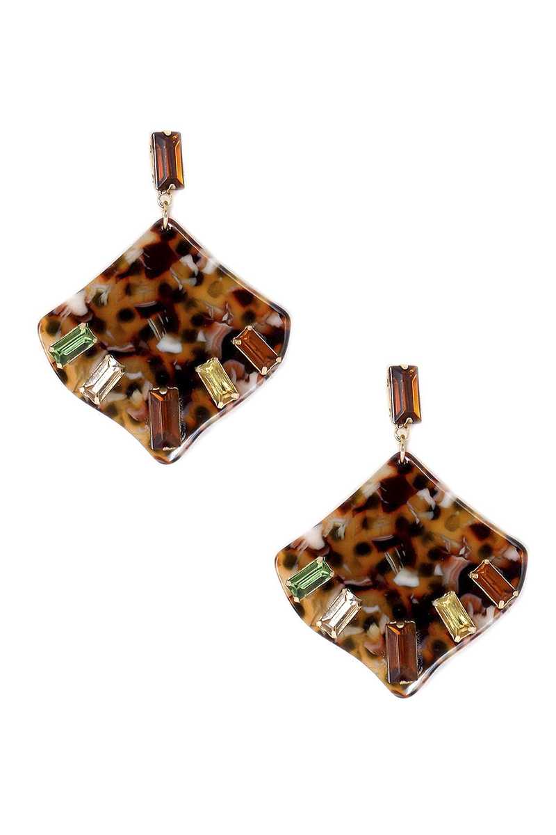 Boucle d'oreille pendante carrée en acétate et strass