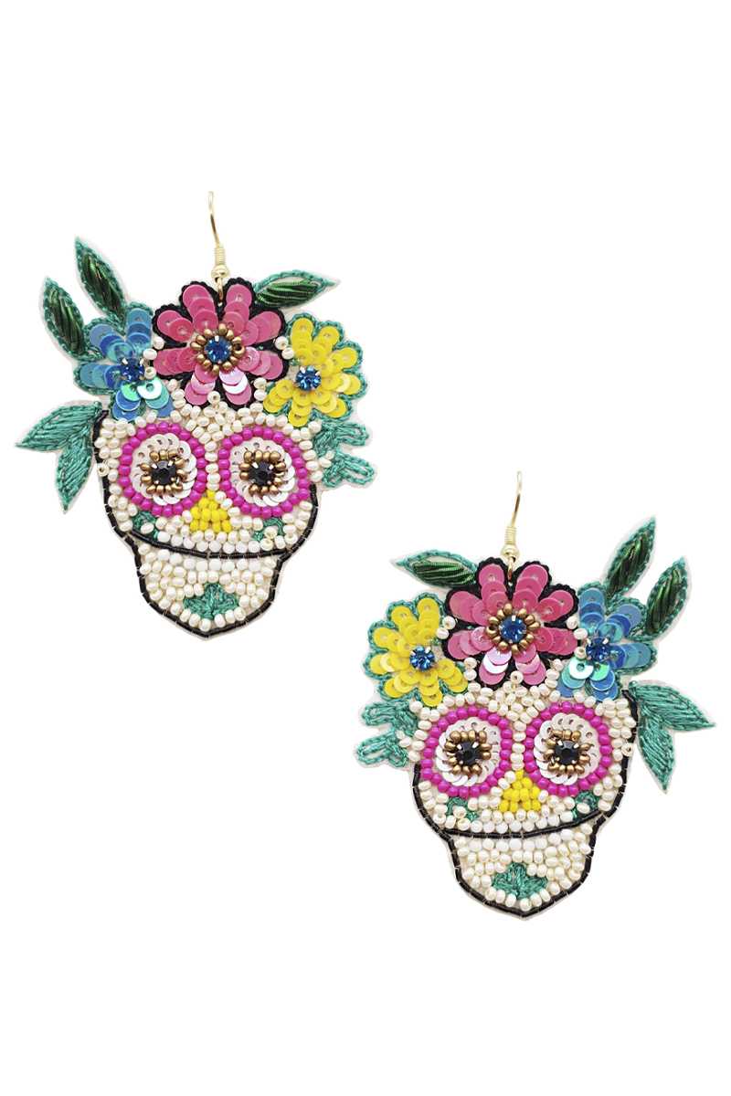 Boucle d'oreille pendante en perles de rocaille et paillettes, jour des morts, crâne en sucre