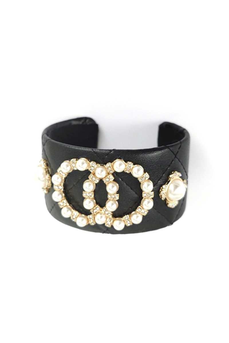 Bracelet manchette en faux cuir clouté à double perle de mode