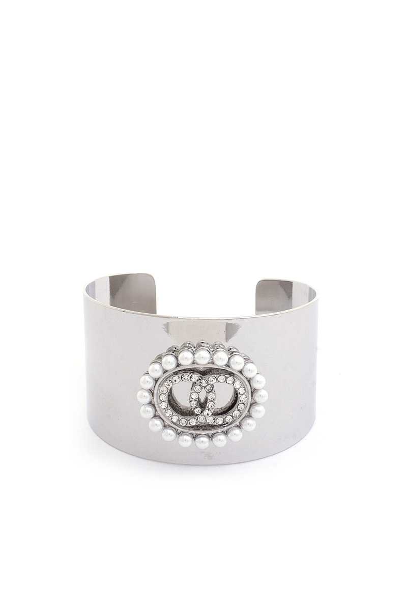 Bracelet manchette en métal avec perles et strass à double maillon