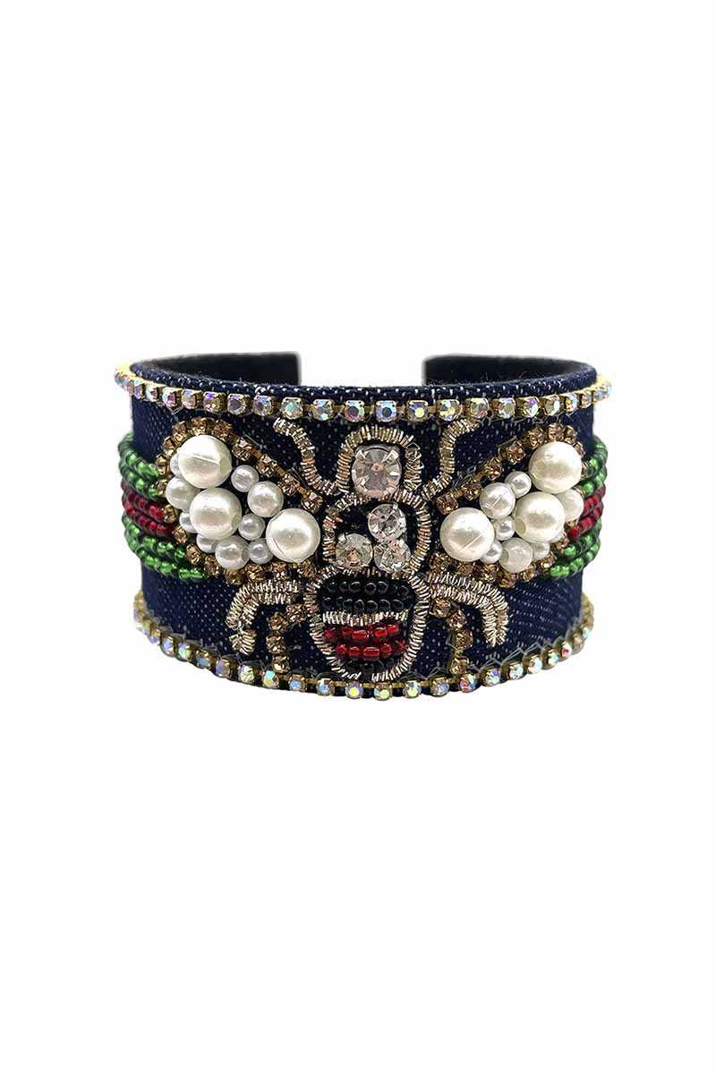 Bracelet manchette large en perles de rocaille et pierre à tige en forme d'abeille