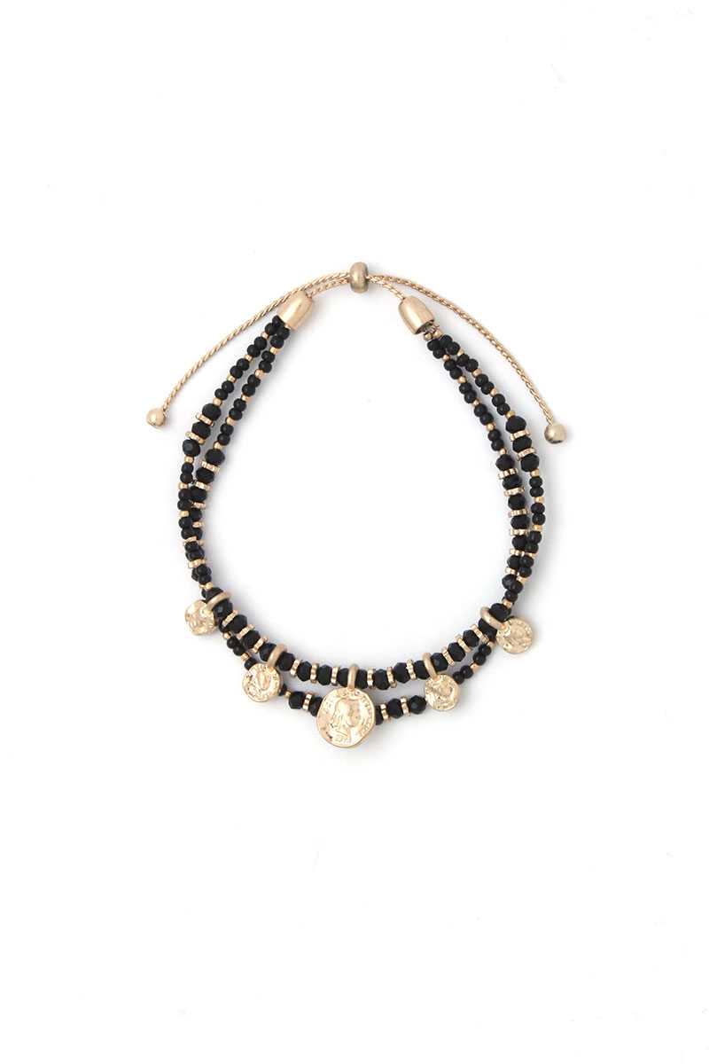 Bracelet réglable en perles avec breloque en forme de pièce de monnaie