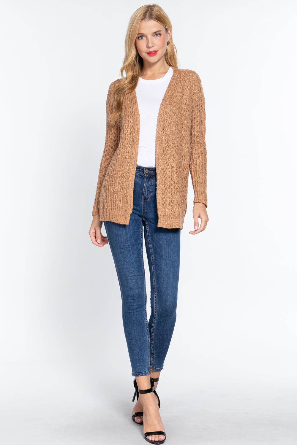 Cardigan pull long ouvert sur le devant