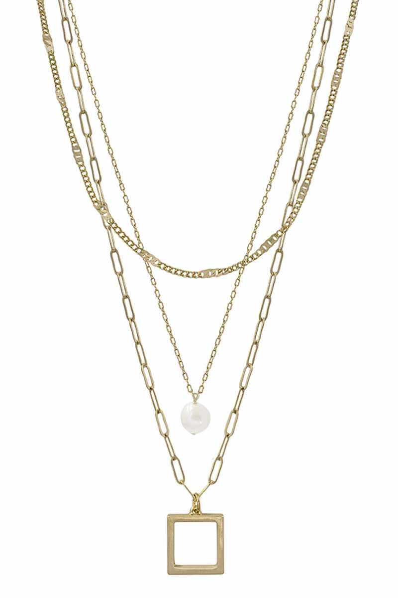 Collier à chaîne en métal à 3 couches avec pendentif carré et perles