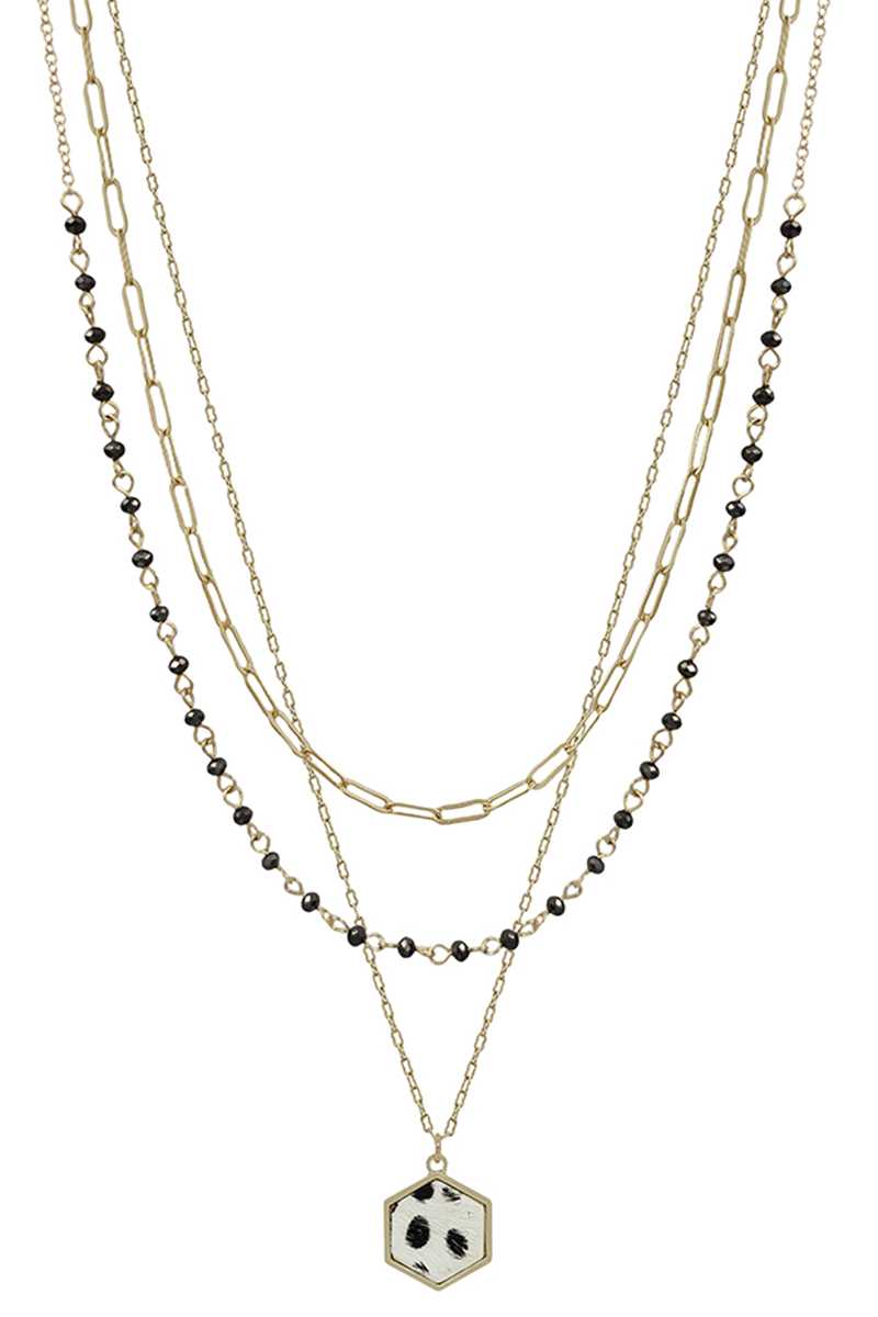 Collier à pendentif léopard hexagonal en chaîne de perles de cristal en métal à 3 couches
