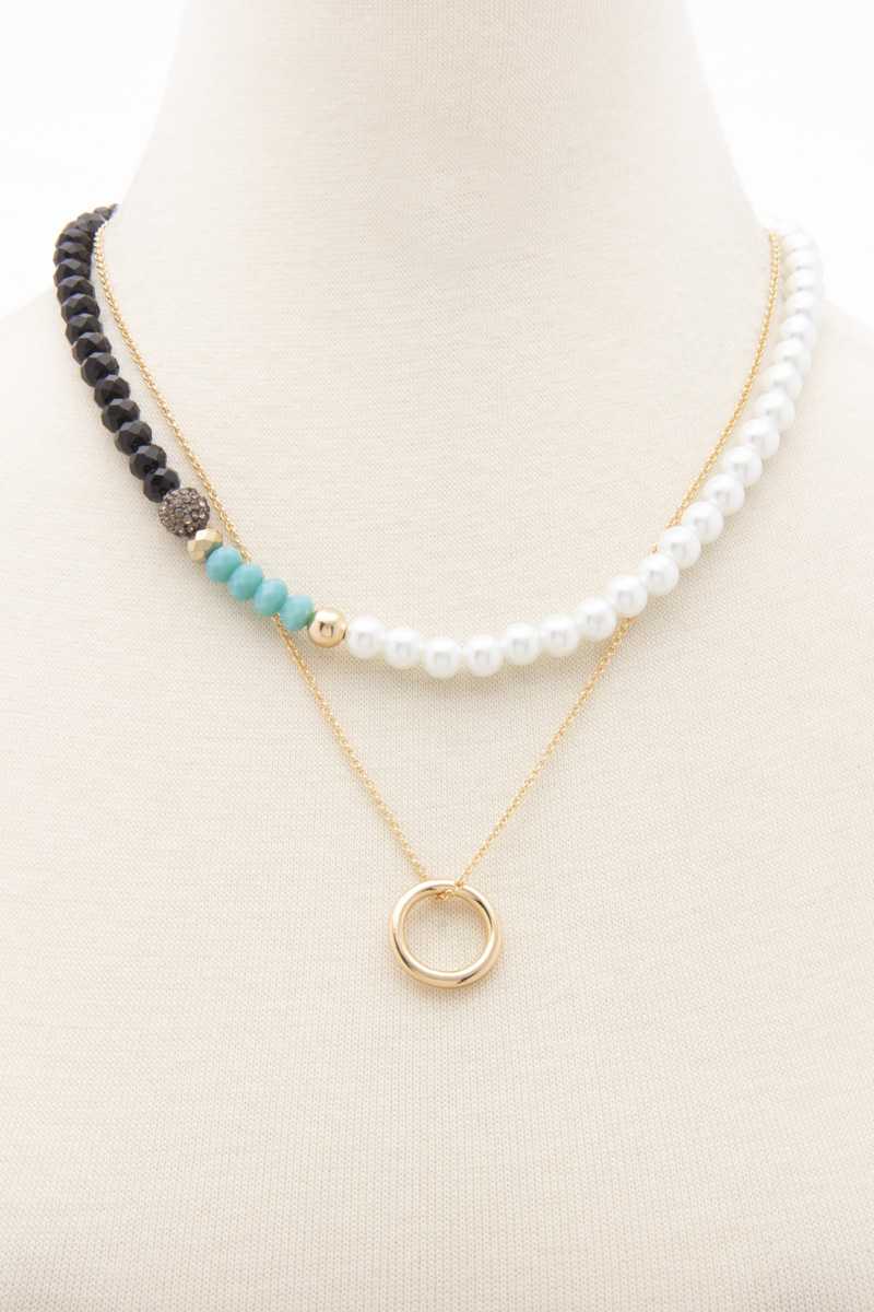 Collier à pendentif rond avec chaîne en métal à 2 couches de mélange de perles de cristal