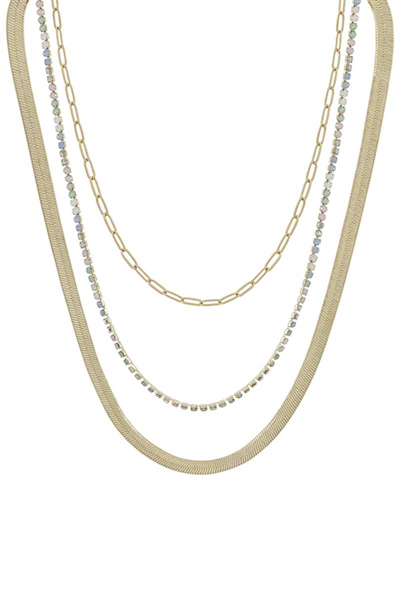 Collier de chaîne en strass en métal à 3 couches