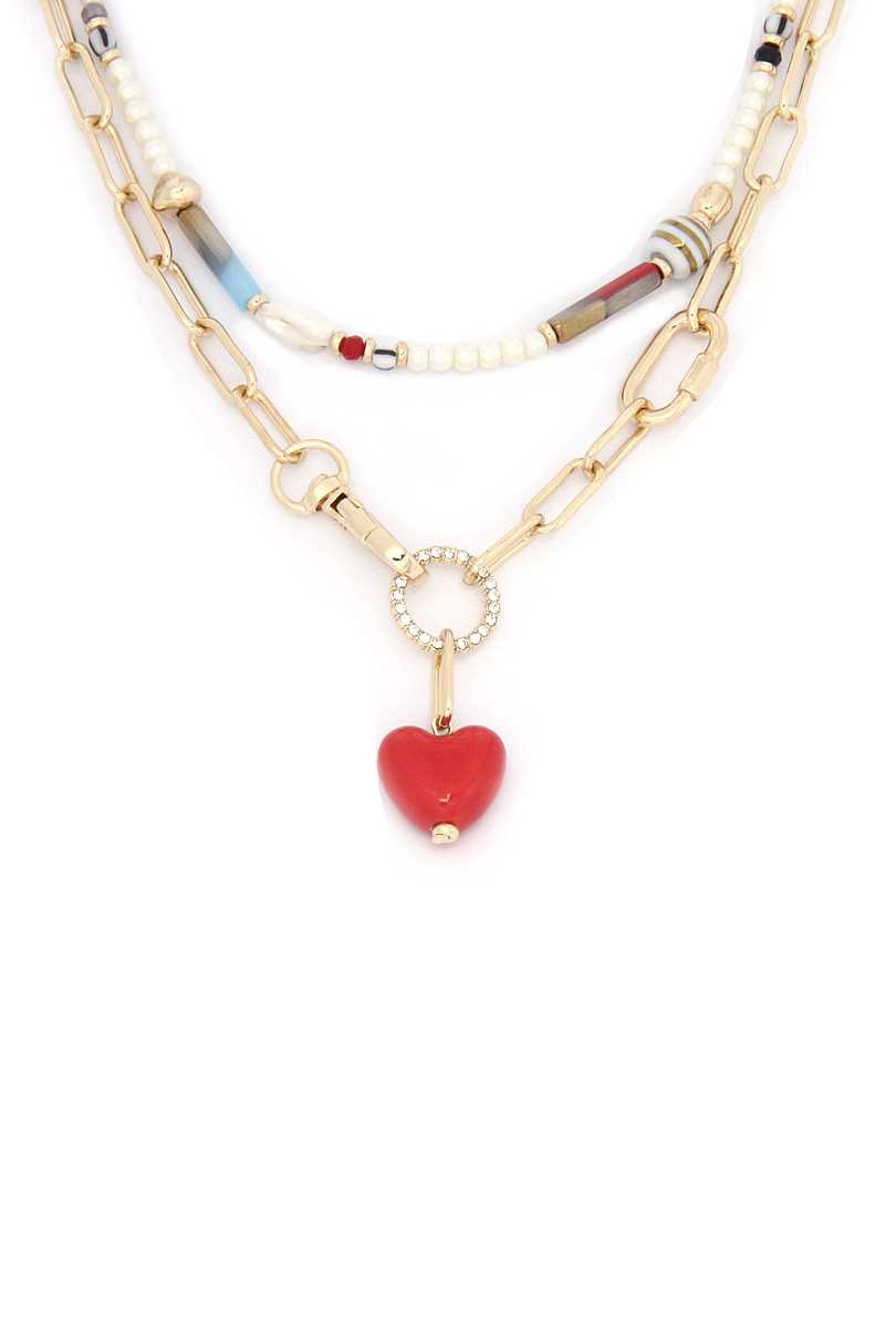 Collier de couches de perles à maillons ovales en forme de cœur