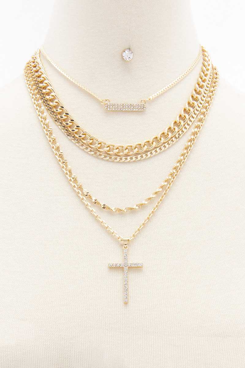 Collier en métal superposé avec croix en strassa