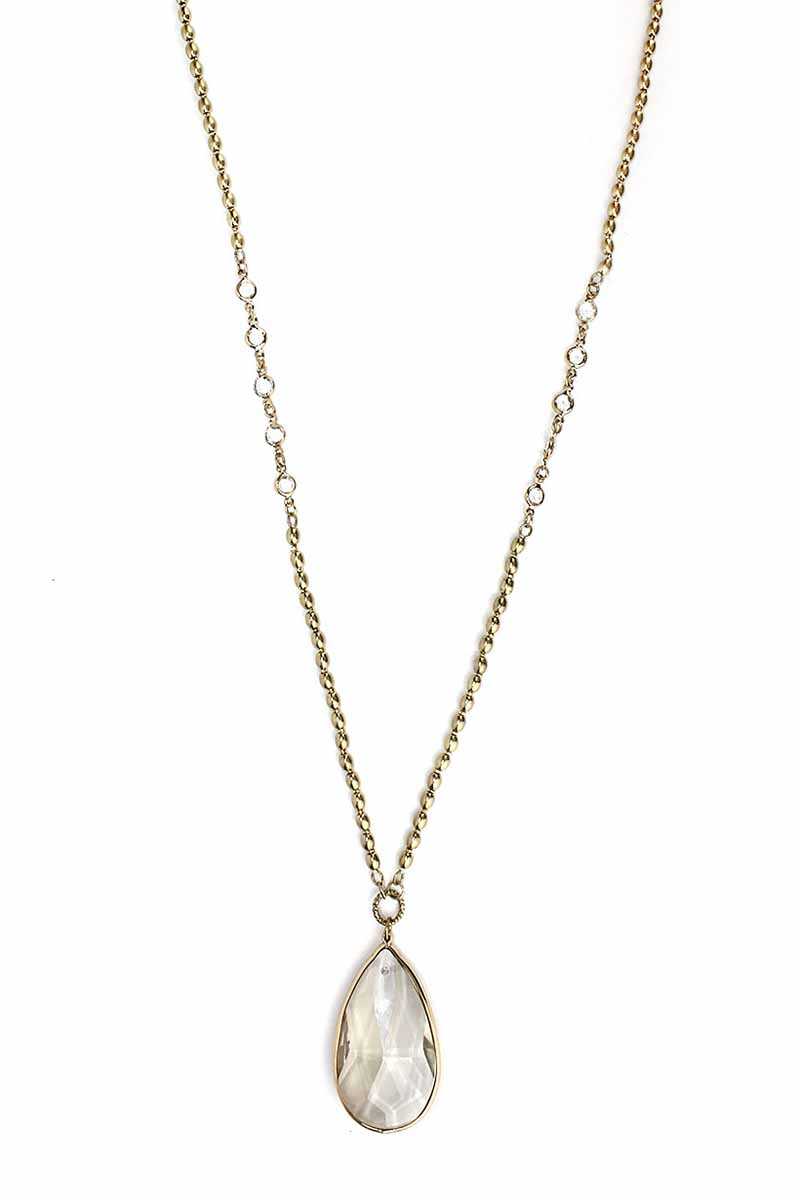 Collier long avec pendentif en pierre de cristal et chaîne en métal