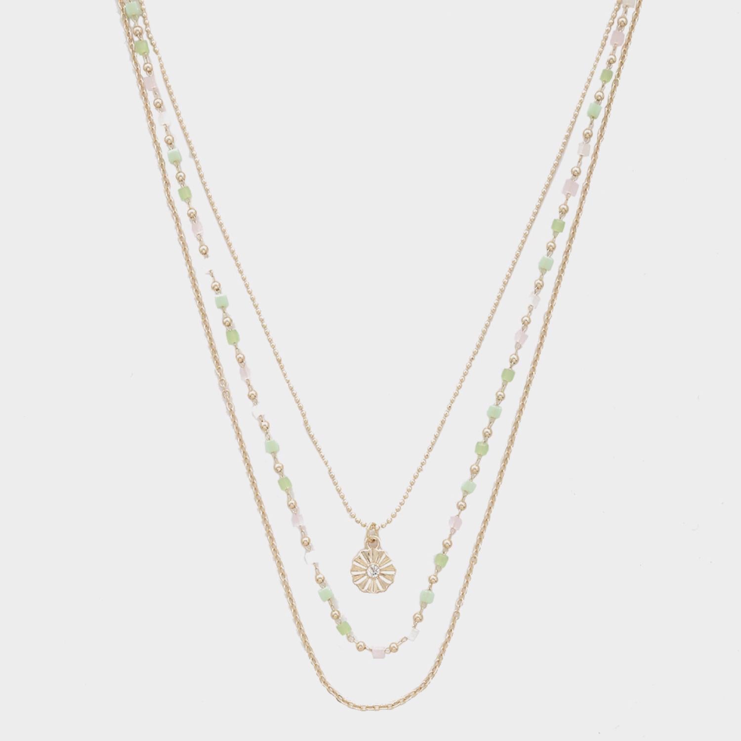 Collier pendentif en chaîne de perles de verre en métal à 3 couches