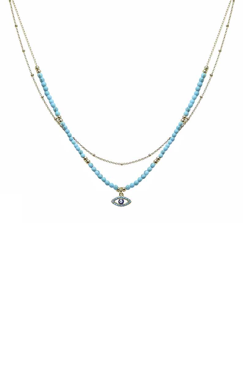 Collier pendentif mauvais œil à 2 couches de perles de rocaille en métal