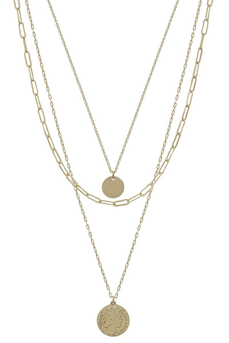 Collier pendentif pièce de monnaie en chaîne à 3 couches en métal