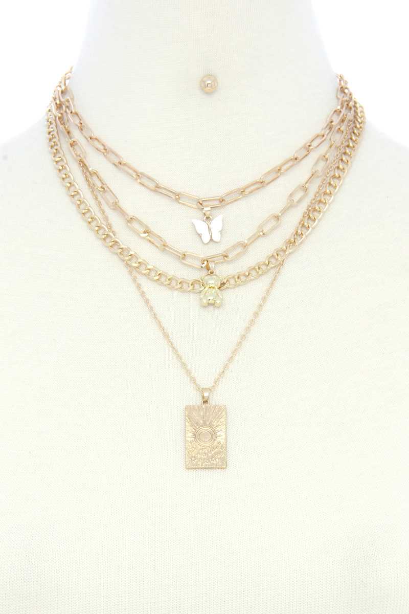Collier superposé à maillons ovales avec breloque ours papillon délicat