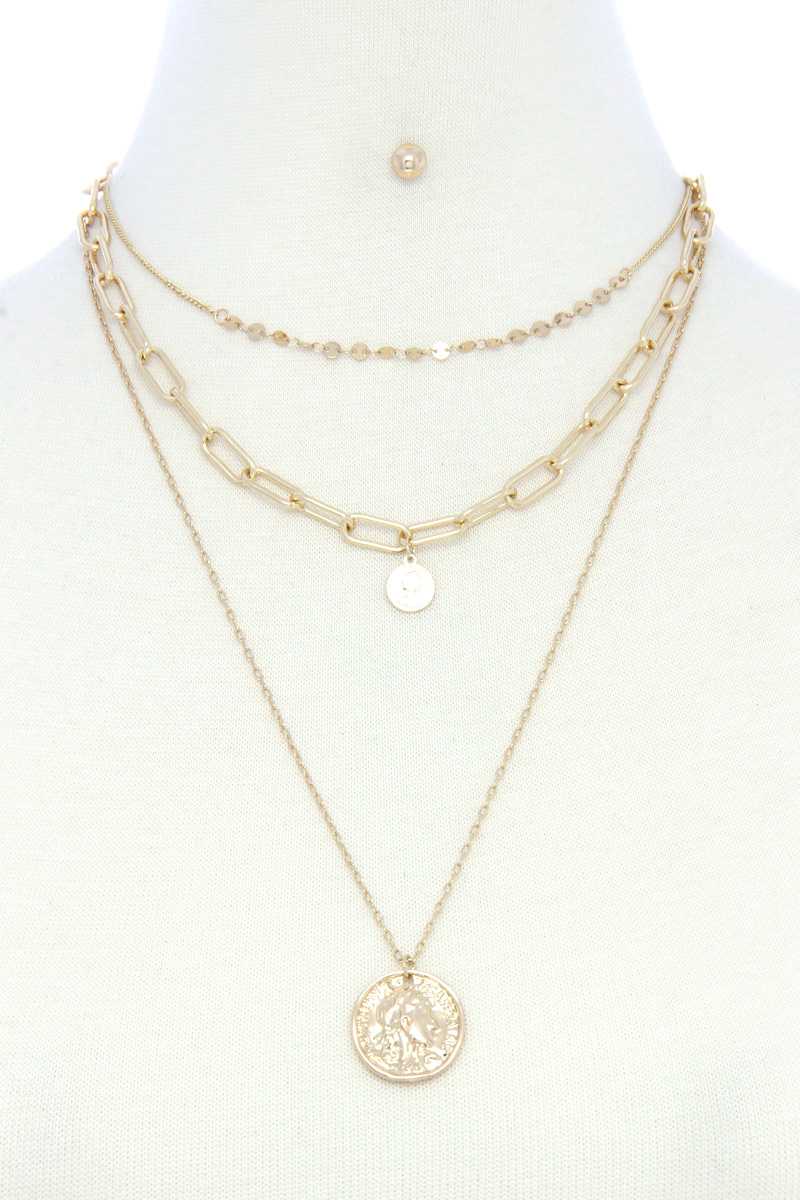 Collier superposé à maillons ovales avec pendentif pièce de monnaie