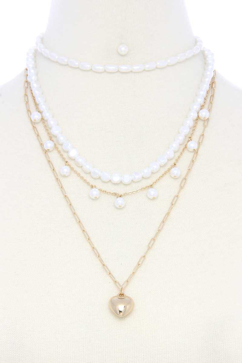 Collier superposé de perles à breloque cœur gonflé