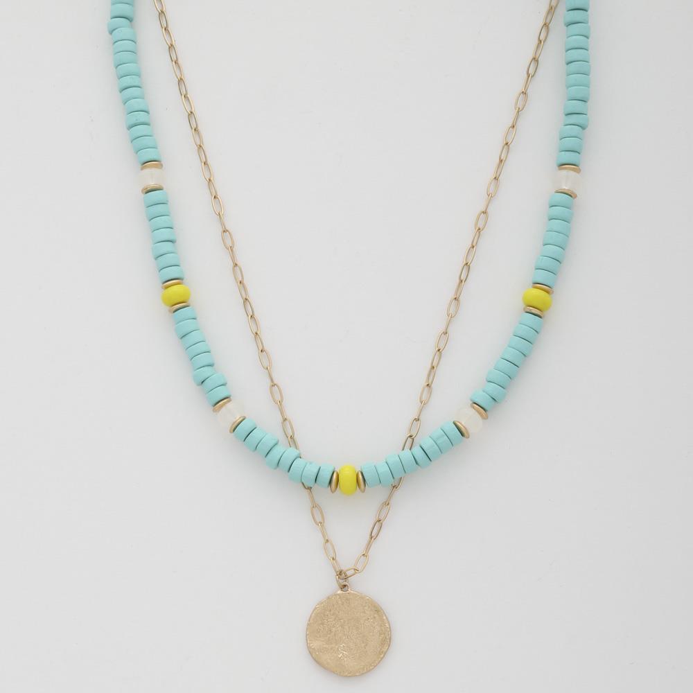 Collier superposé de perles de bois de pièce de monnaie