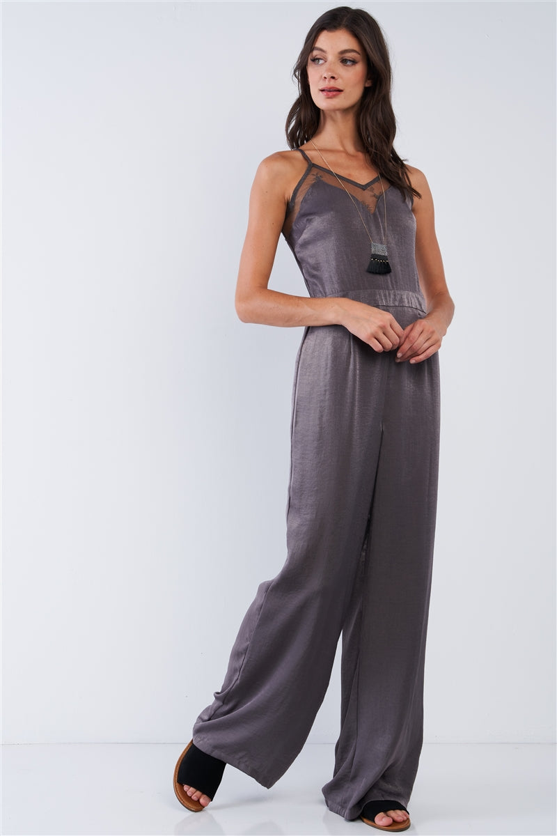Combinaison en satin chic olive foncé sans manches avec ourlet en maille et col en V, jambes larges