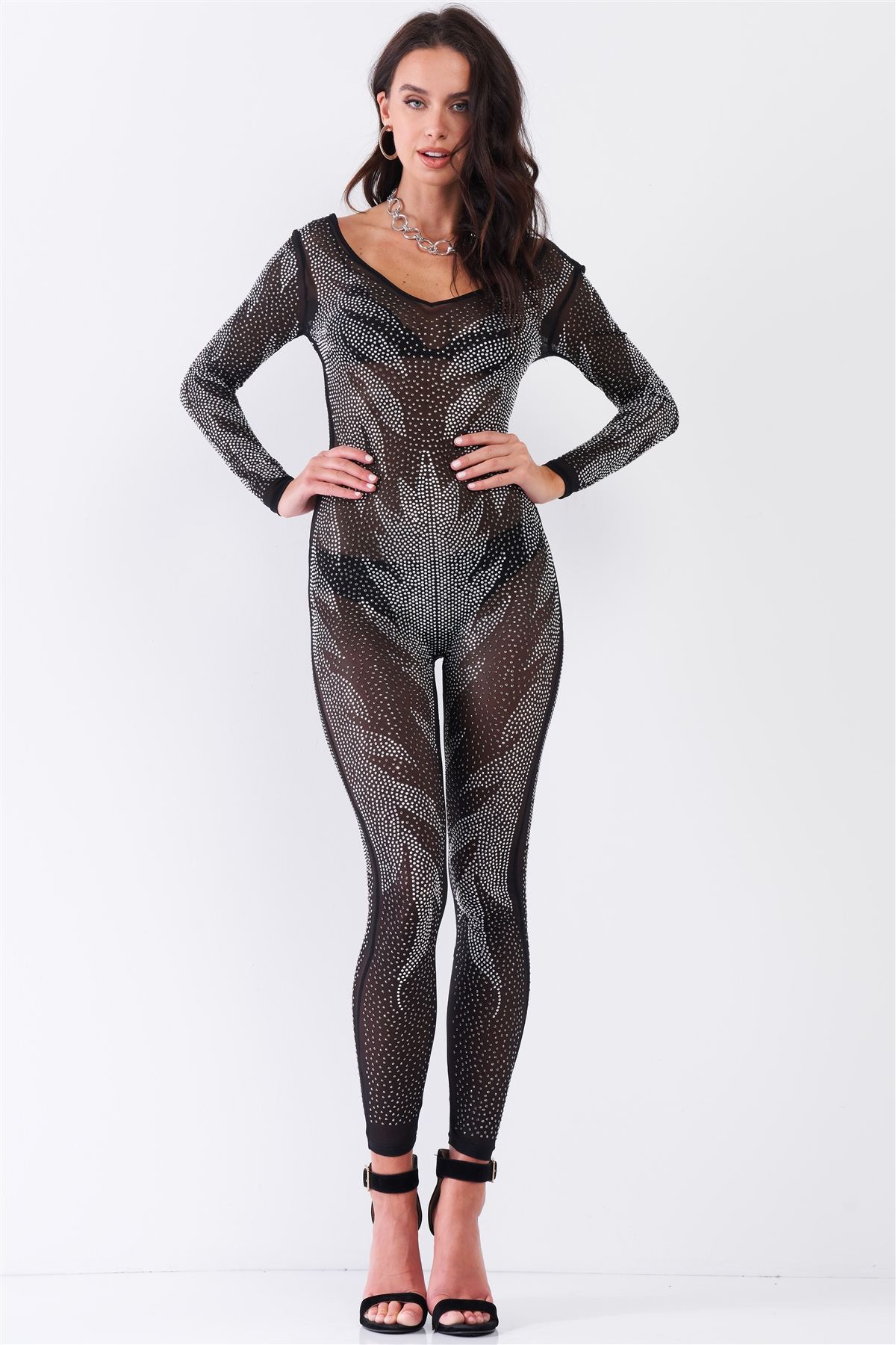 Combinaison moulante à manches longues en maille transparente avec broderie de strass noirs