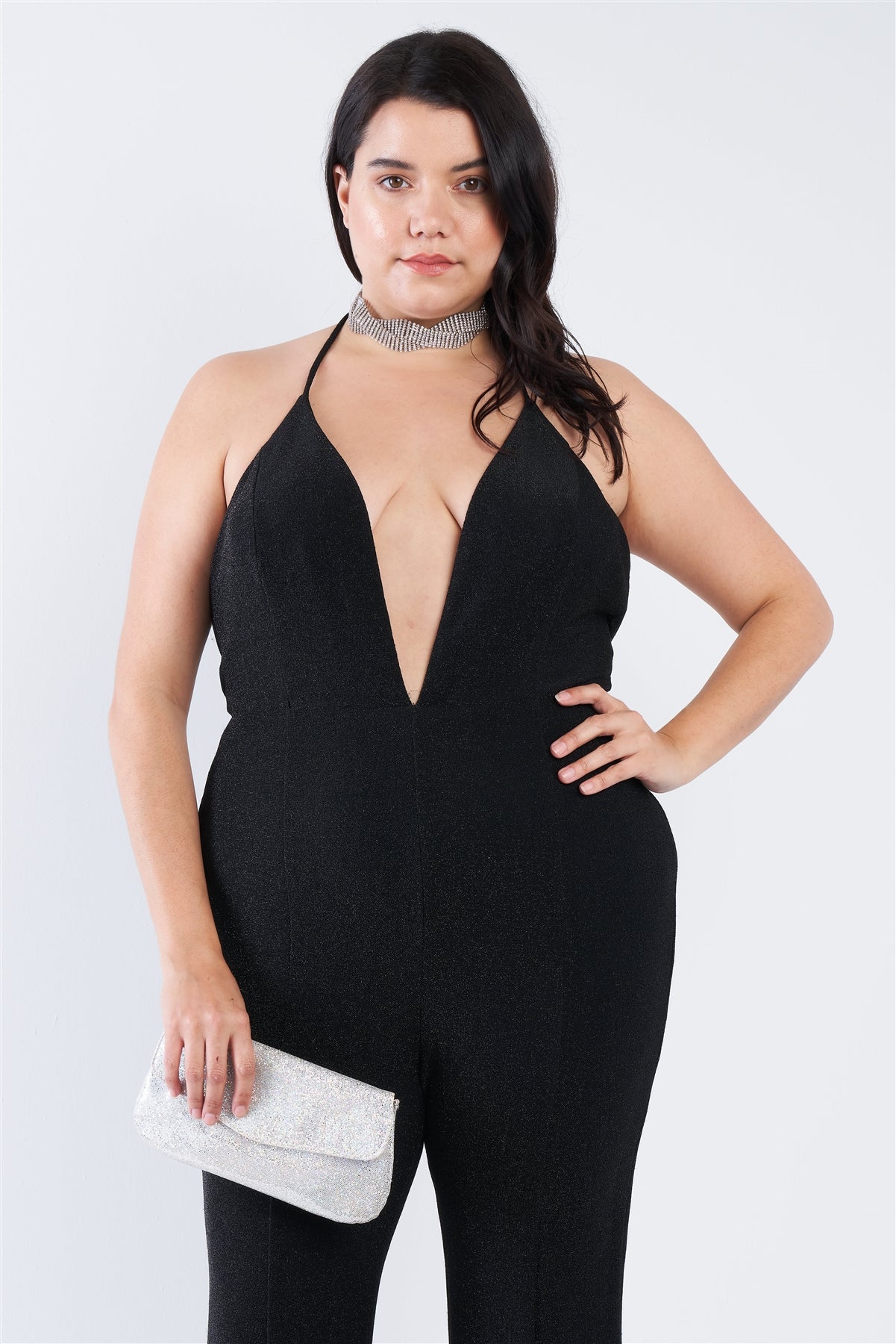 Combinaison noire croisée à paillettes et dos ouvert de grande taille