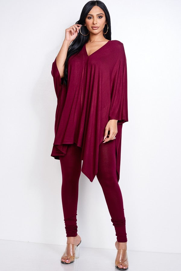 Ensemble 2 pièces haut cape et leggings en rayonne épaisse et spandex uni