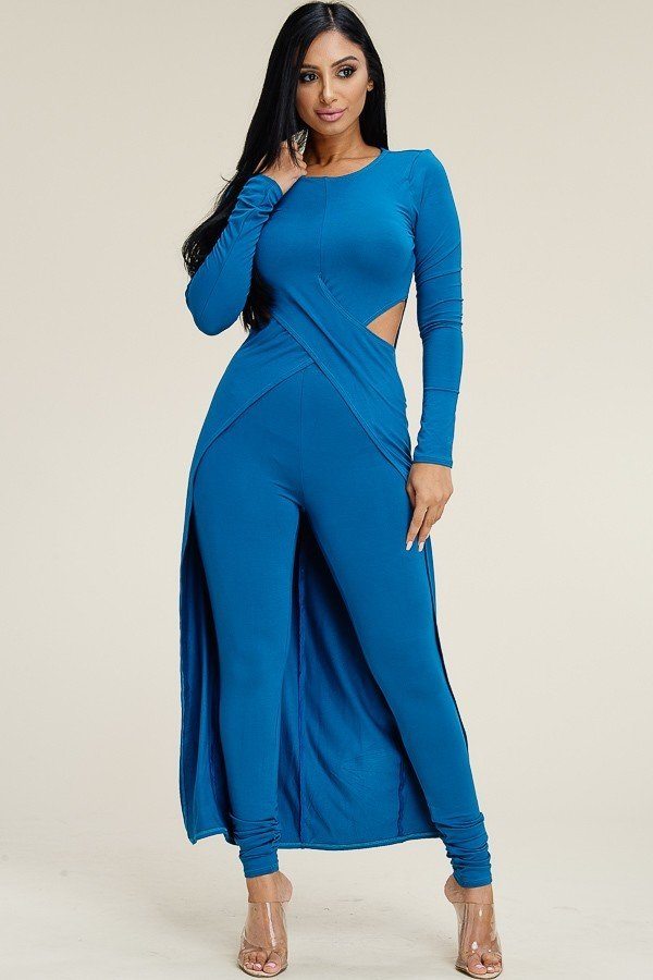 Ensemble 2 pièces uni en rayonne épaisse et spandex à manches longues croisées sur un haut long et des leggings
