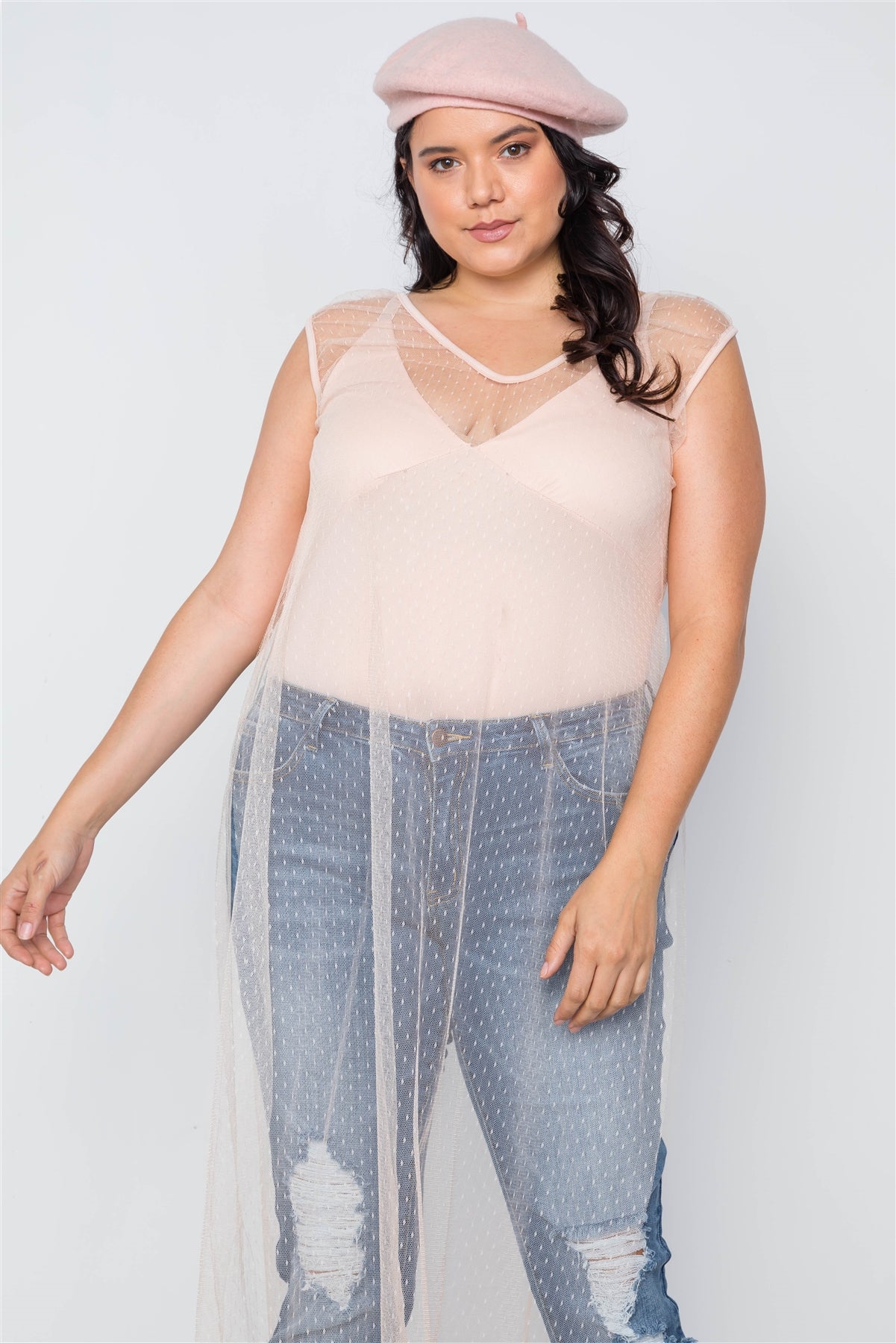 Ensemble cache-maillot en maille à pois beige grande taille avec body