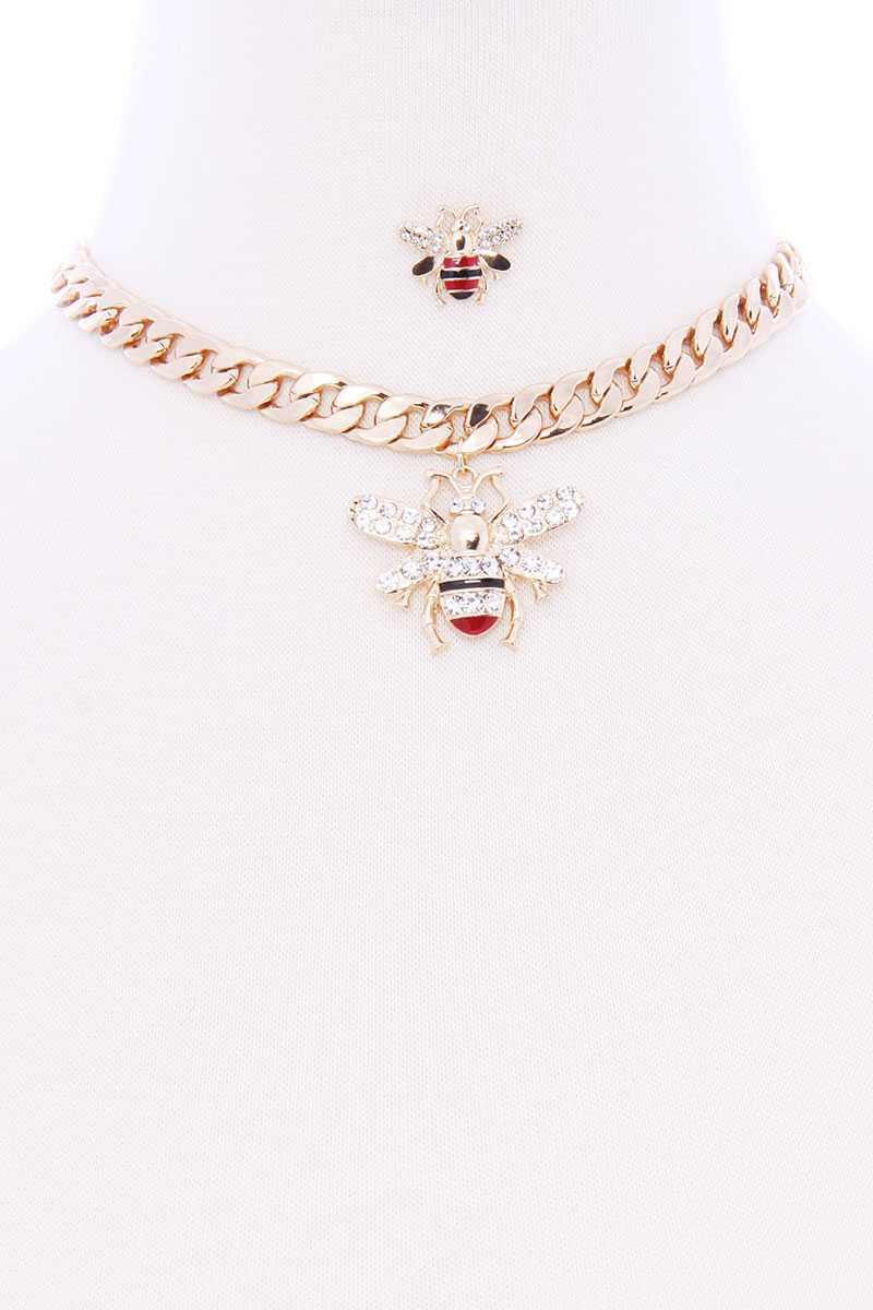 Ensemble de boucles d'oreilles, collier, chaîne à maillons en métal épais, pendentif abeille