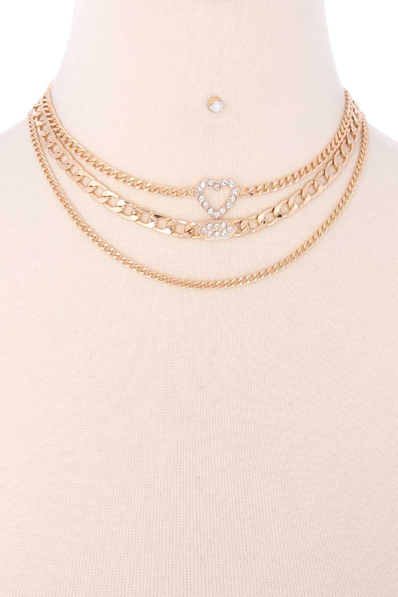 Ensemble de boucles d'oreilles et collier avec pendentif en forme de cœur et chaîne en métal à 3 couches