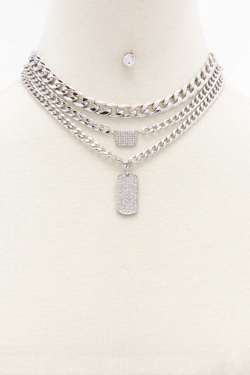 Ensemble de boucles d'oreilles et collier avec pendentif en strass et chaîne en métal à 3 couches