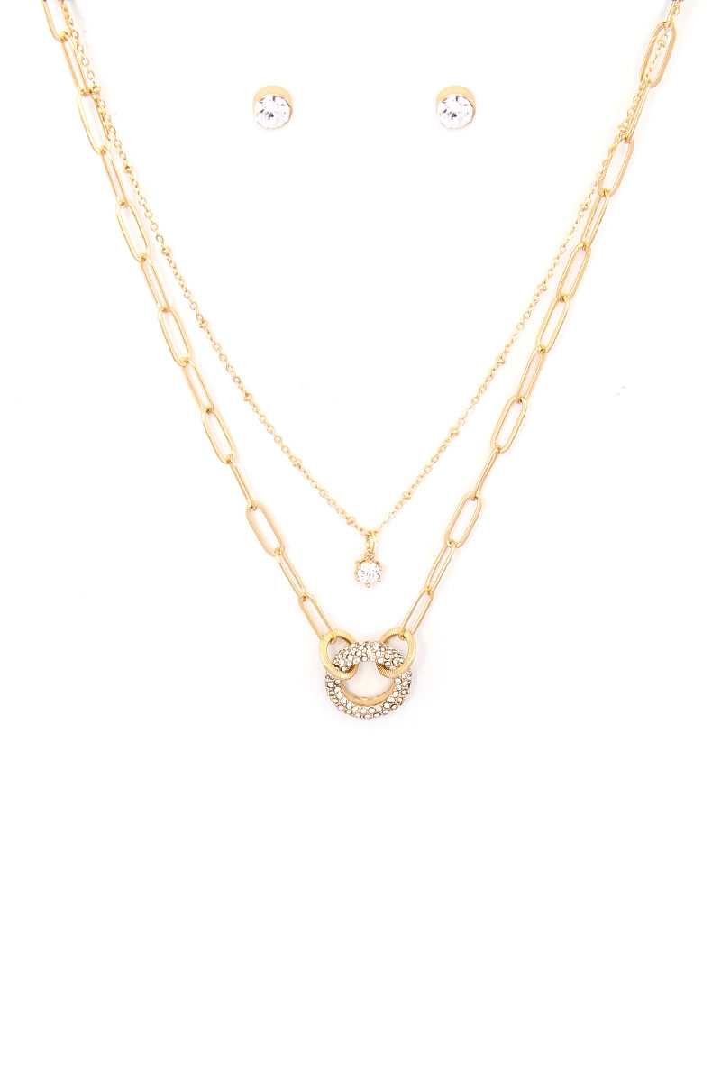 Ensemble de boucles d'oreilles et collier avec pendentif rond en strass et chaîne en métal à 2 couches