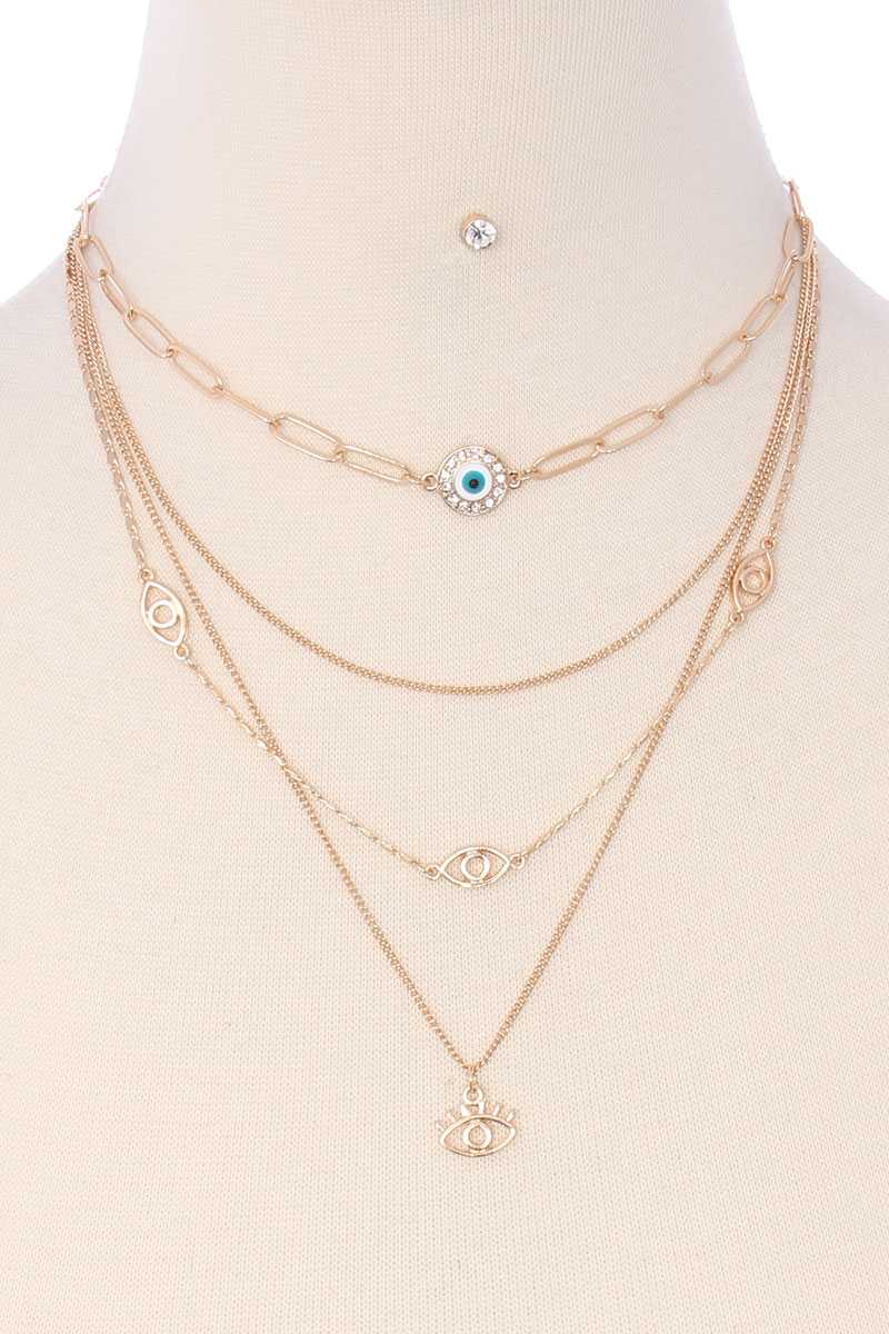 Ensemble de boucles d'oreilles et collier pendentif mauvais œil avec chaîne en métal à 4 couches