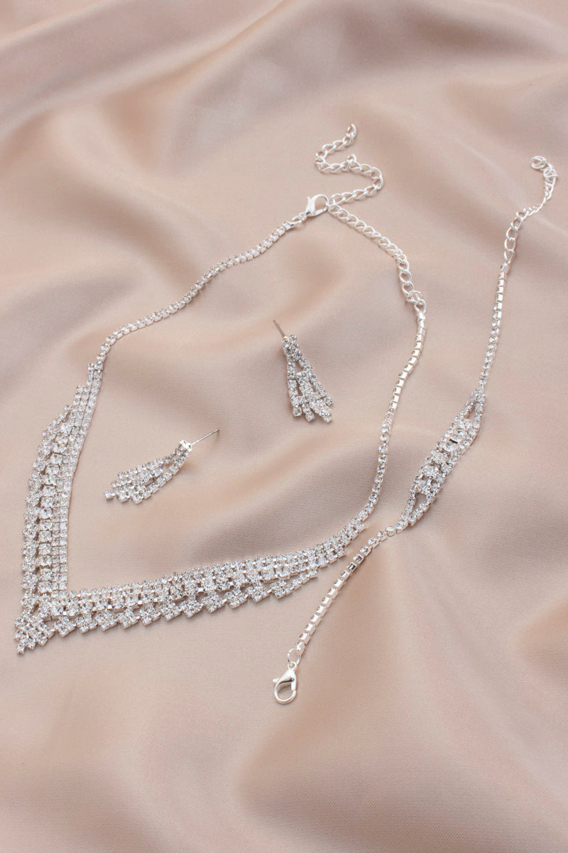 Ensemble de collier et bracelet de mariée en strass en forme de V