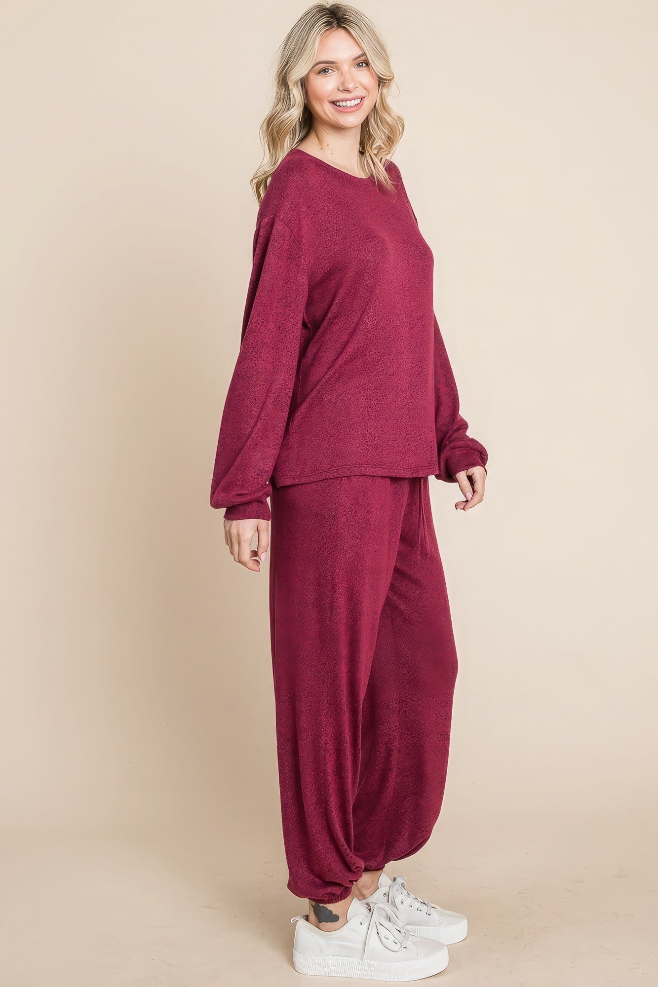 Ensemble de vêtements d'intérieur bicolores unis chauds et doux Hacci Brush