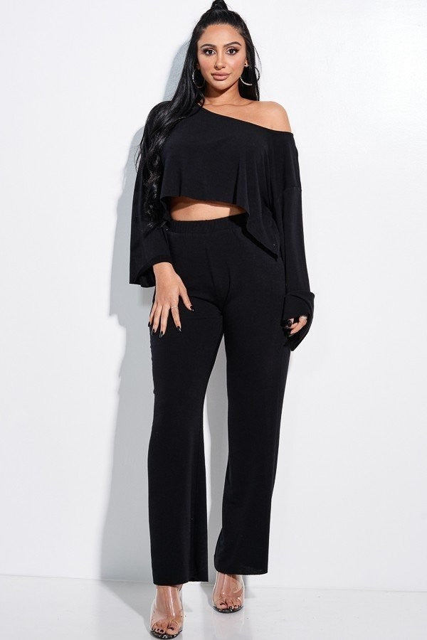 Ensemble deux pièces haut et pantalon ample à manches longues en French Terry uni avec poches