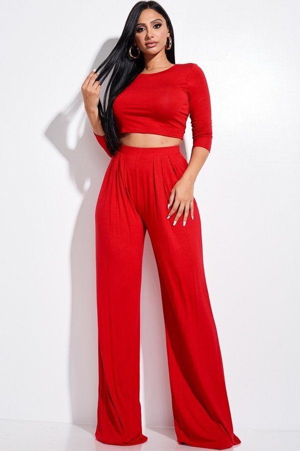 Ensemble deux pièces haut uni à manches 3/4 et pantalon plissé à jambes larges