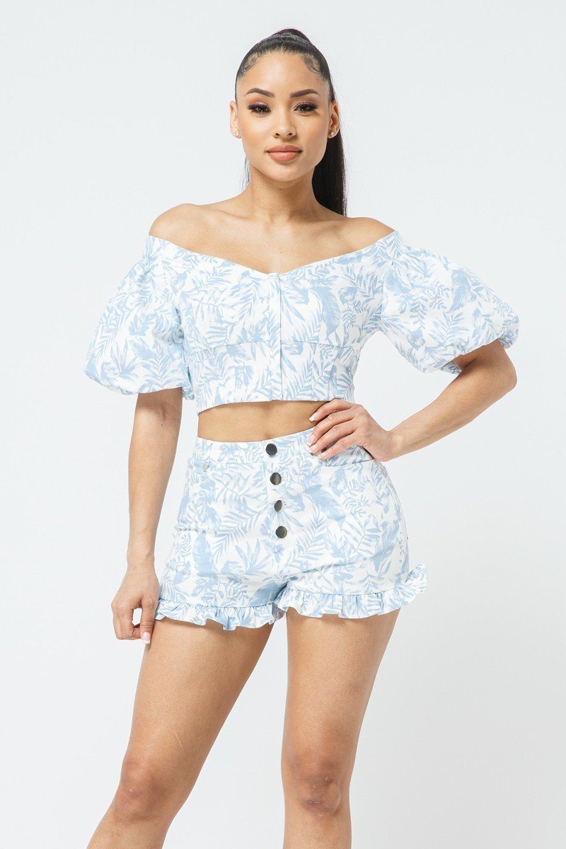 Ensemble haut court en coton à épaules dénudées, manches bouffantes et short assorti zippé sur le devant