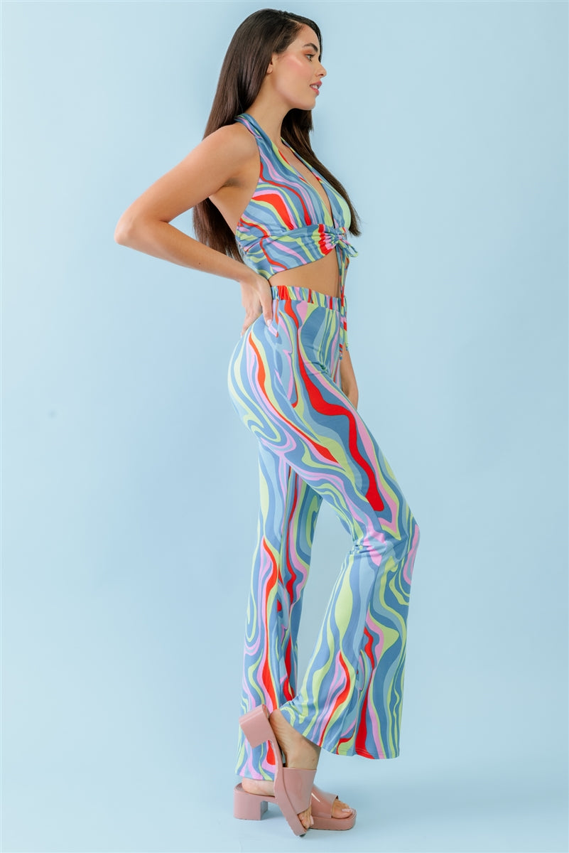 Ensemble haut court froncé à dos nu et imprimé abstrait multicolore avec col en V et pantalon taille haute