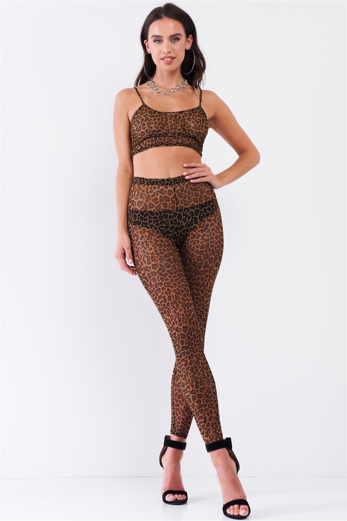 Ensemble haut court sexy sans manches en maille transparente et legging taille haute – Image 8