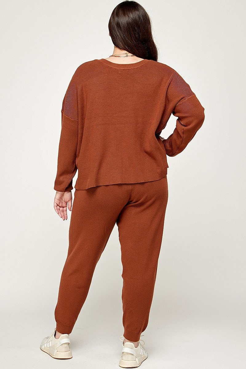 Ensemble pull et pantalon en tricot uni de grande taille
