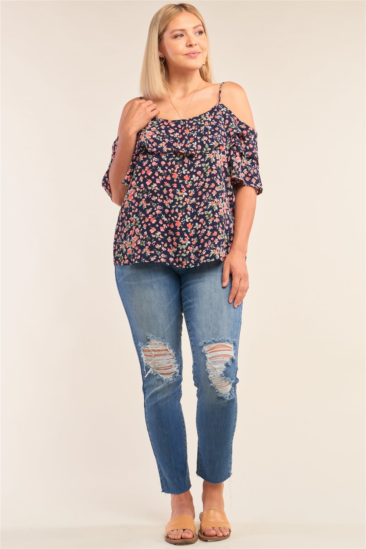 Haut à imprimé floral de grande taille, coupe décontractée, manches courtes, épaules dénudées, ourlet évasé